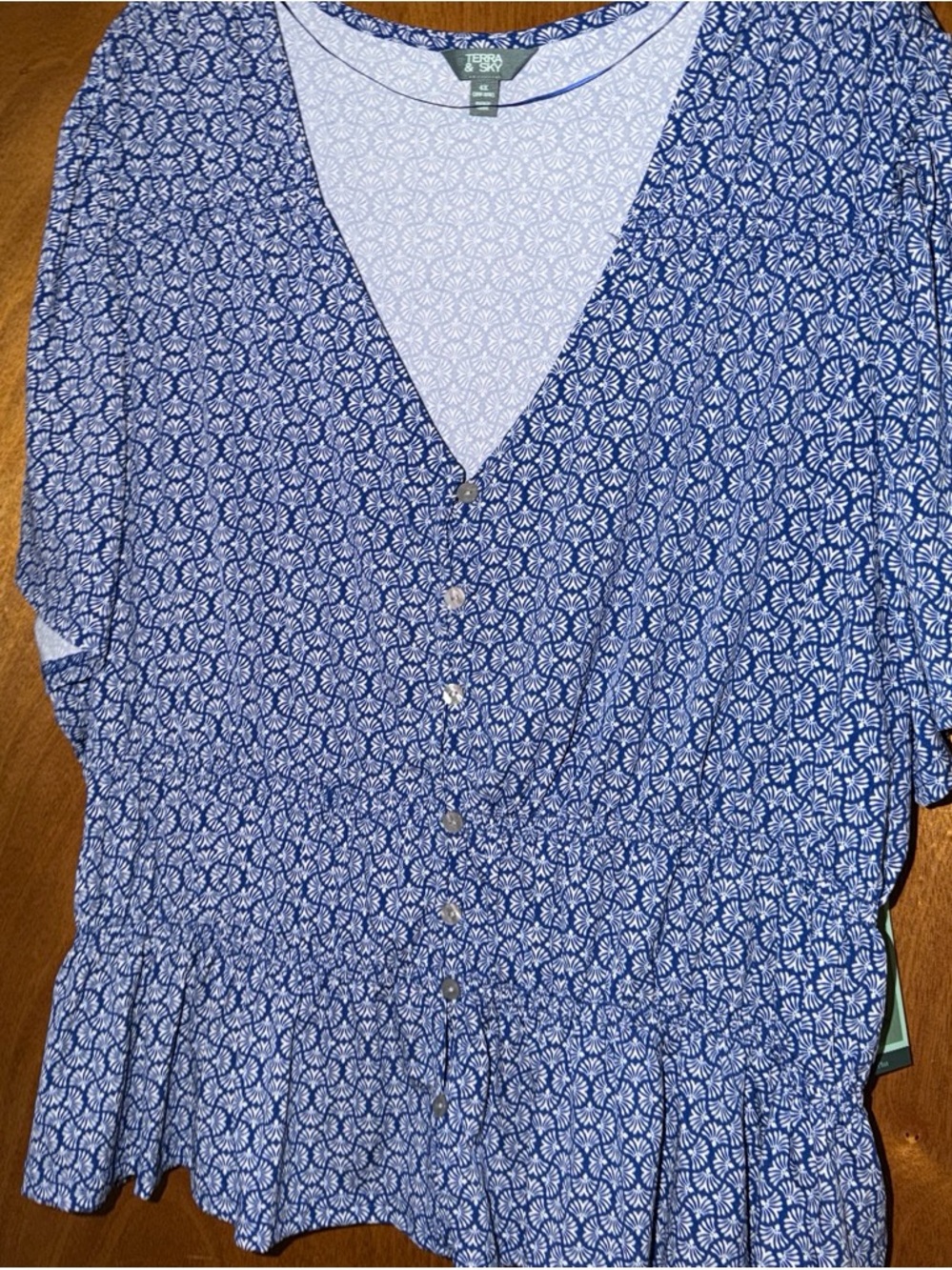 Terra & Sky Blue Printed V-Neck Peplum Button Top